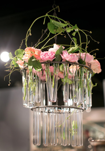 Roses in test tube chandelier 