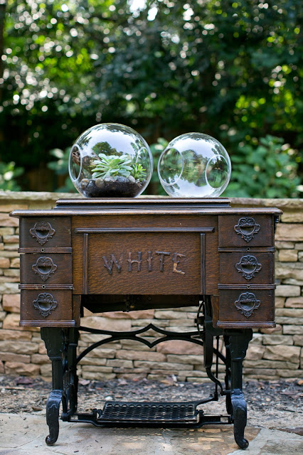 Accent Decor Terrariums with antique sewing table